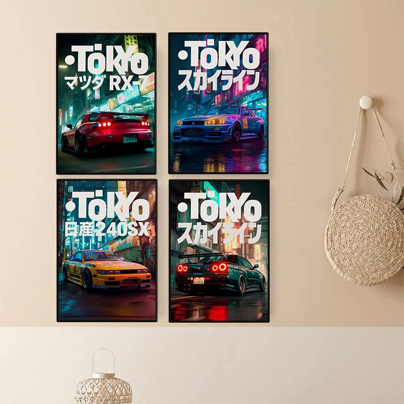 Japanese Car Lifestyle - ヴィンテージ東京JDMカーポスターネオン日本のストリートレーシングドリフトオートキャンバス絵画壁アートガレージリビングルーム家の装飾用
