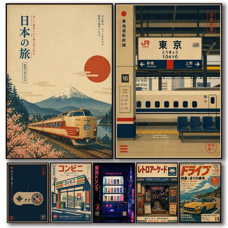 Japanese Car Lifestyle - ヴィンテージ日本の伝統的な店舗鉄道駅ゲームアーケードカーポスターキャンバス絵画壁アート写真家の寝室の装飾