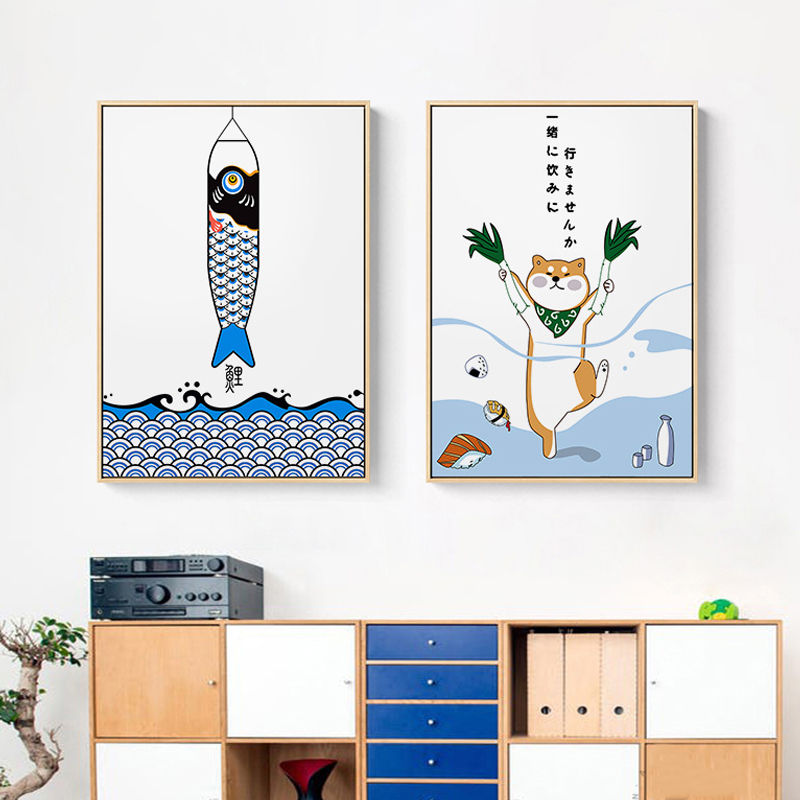 Japanese Lifestyle Japanese - 動物と魚のプリントが施された日本のクリエイティブなポスター,レストランの装飾,絵画,かわいい壁画,アート,ダイニングルーム,寿司の場所